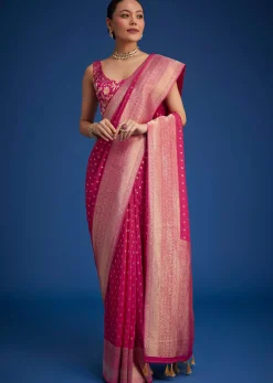 Rani Pink Tissue Silk Saree With Zari Border And Butti Work