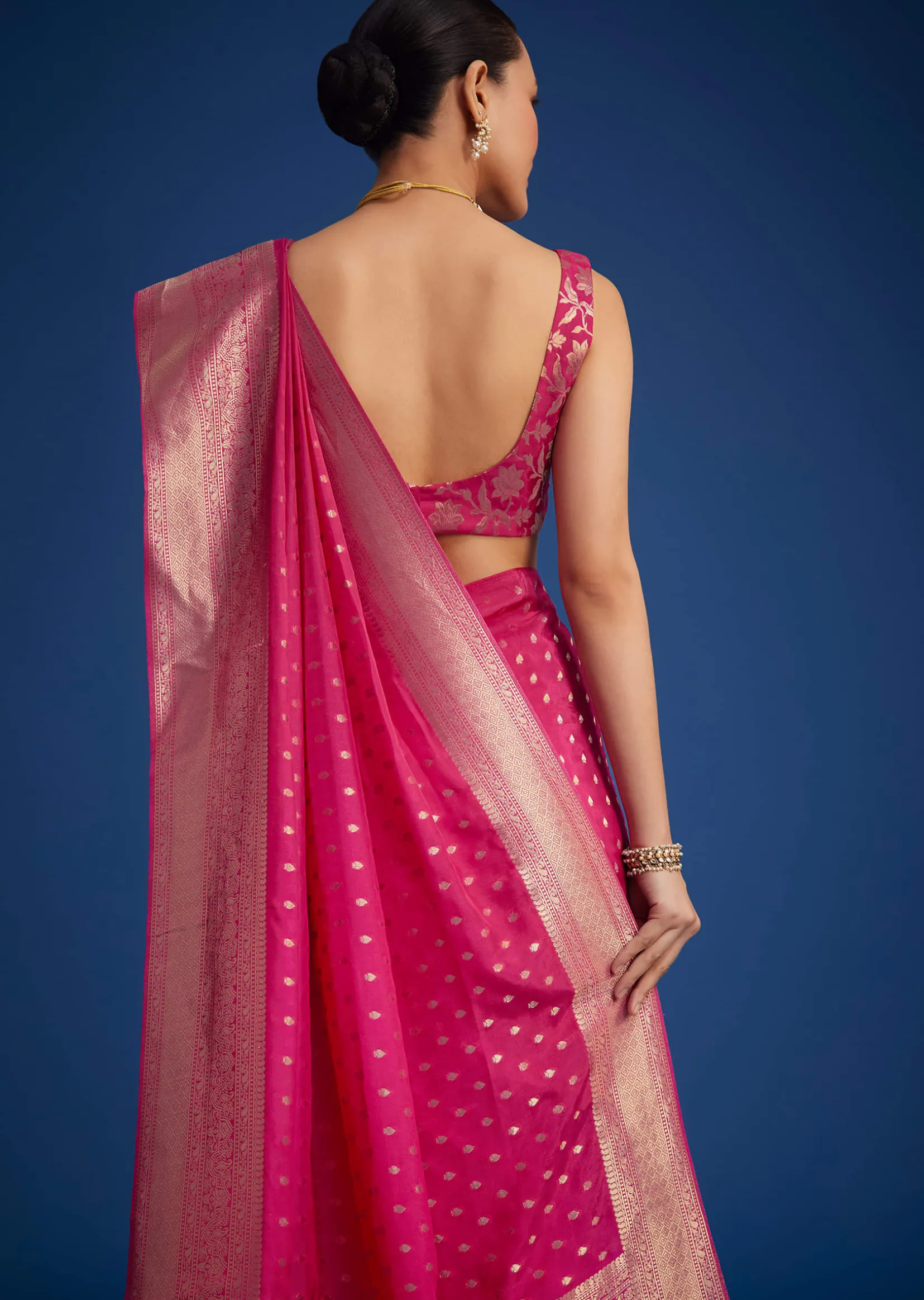 Rani Pink Tissue Silk Saree With Zari Border And Butti Work