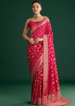 Rani Pink Woven Saree With Jaal Work And Floral Border