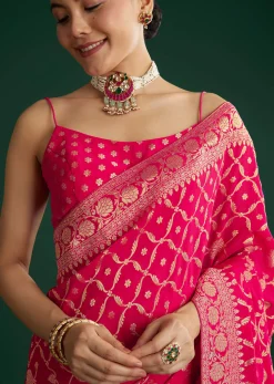 Rani Pink Woven Saree With Jaal Work And Floral Border