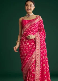 Rani Pink Woven Saree With Jaal Work And Floral Border