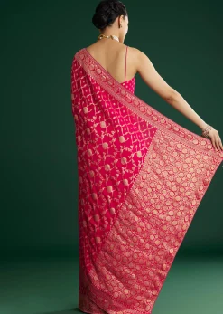 Rani Pink Woven Saree With Jaal Work And Floral Border
