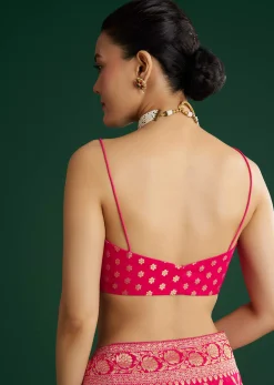 Rani Pink Woven Saree With Jaal Work And Floral Border