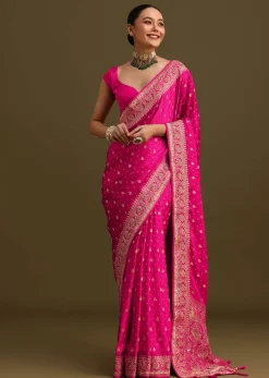 Rani Pink Zardosi Embroidered Saree With Unstitched Blouse