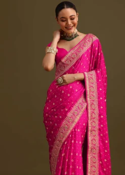 Rani Pink Zardosi Embroidered Saree With Unstitched Blouse