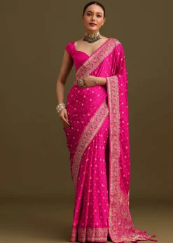 Rani Pink Zardosi Embroidered Saree With Unstitched Blouse