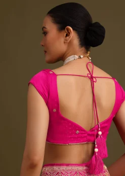 Rani Pink Zardosi Embroidered Saree With Unstitched Blouse
