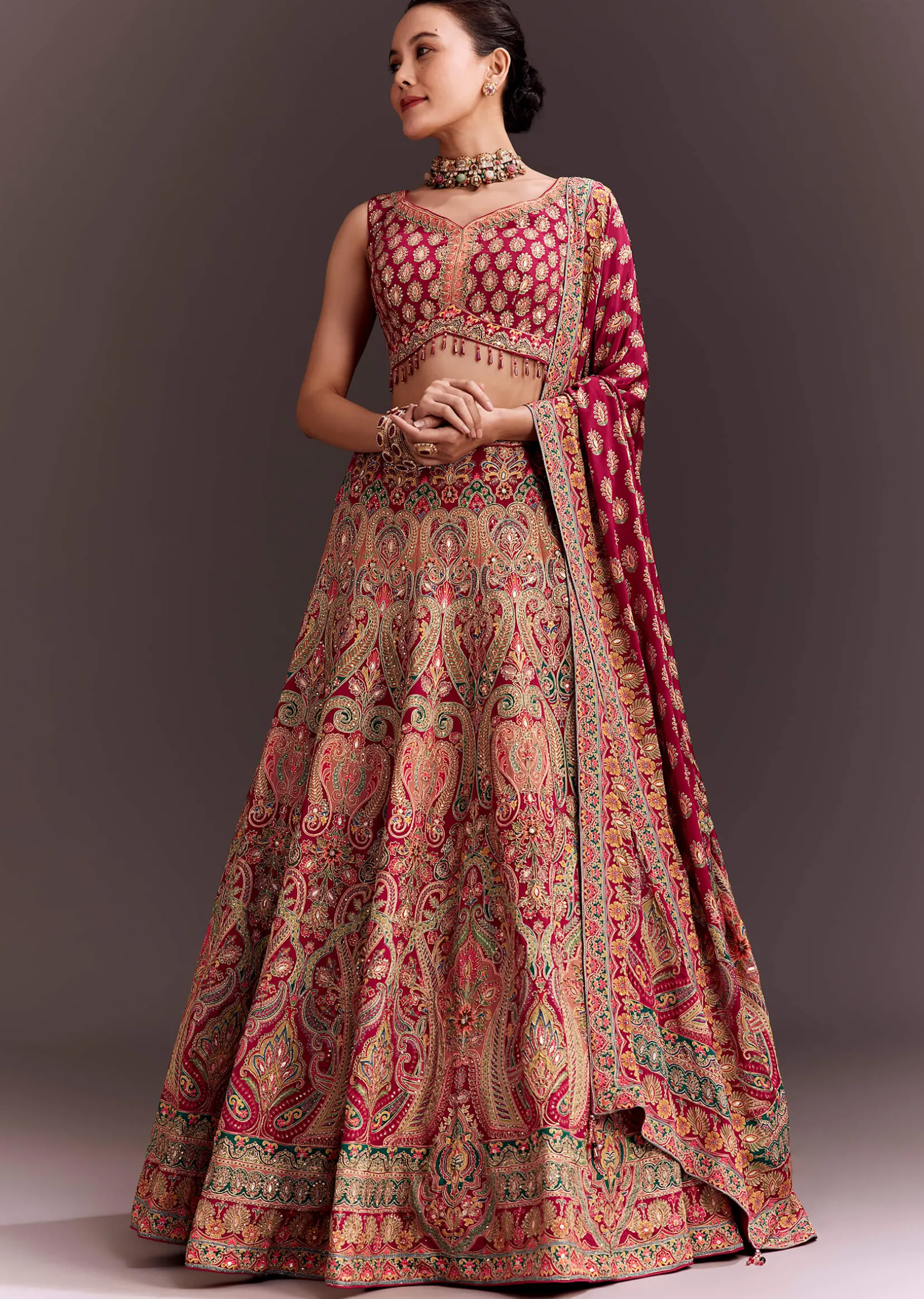 Rani Pink Zari Work Lehenga Set