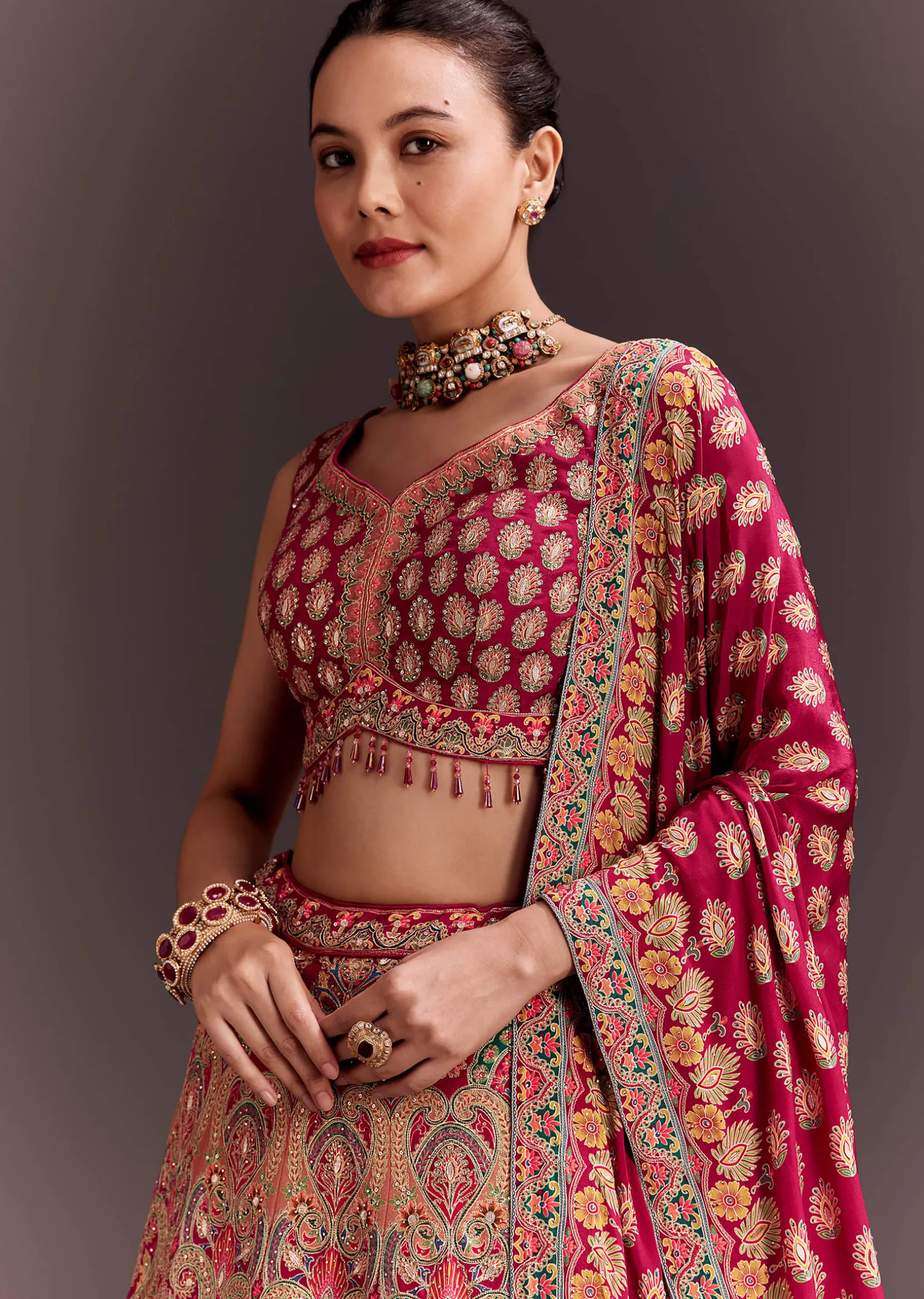 Rani Pink Zari Work Lehenga Set