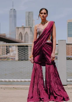 Raspberry Frill Saree With Embroidered Blouse