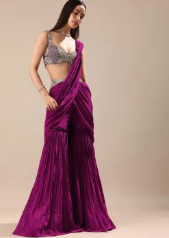 Raspberry Frill Saree With Embroidered Blouse