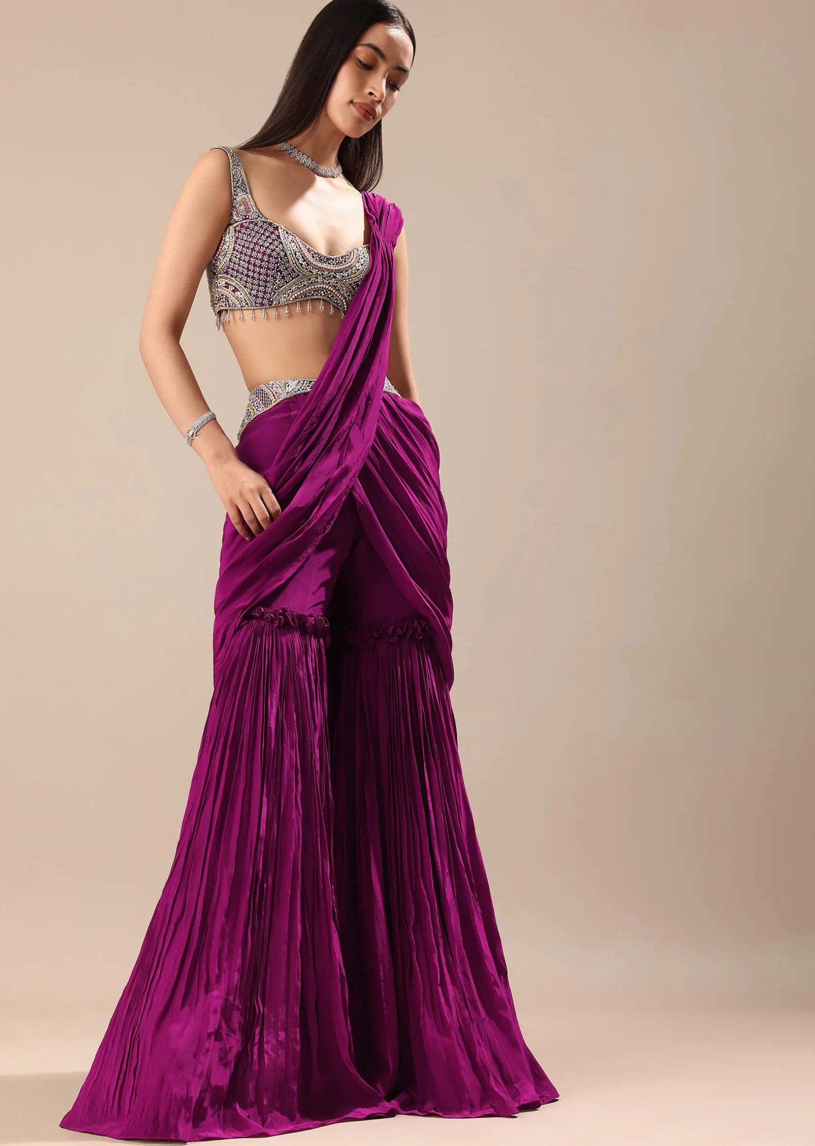 Raspberry Frill Saree With Embroidered Blouse