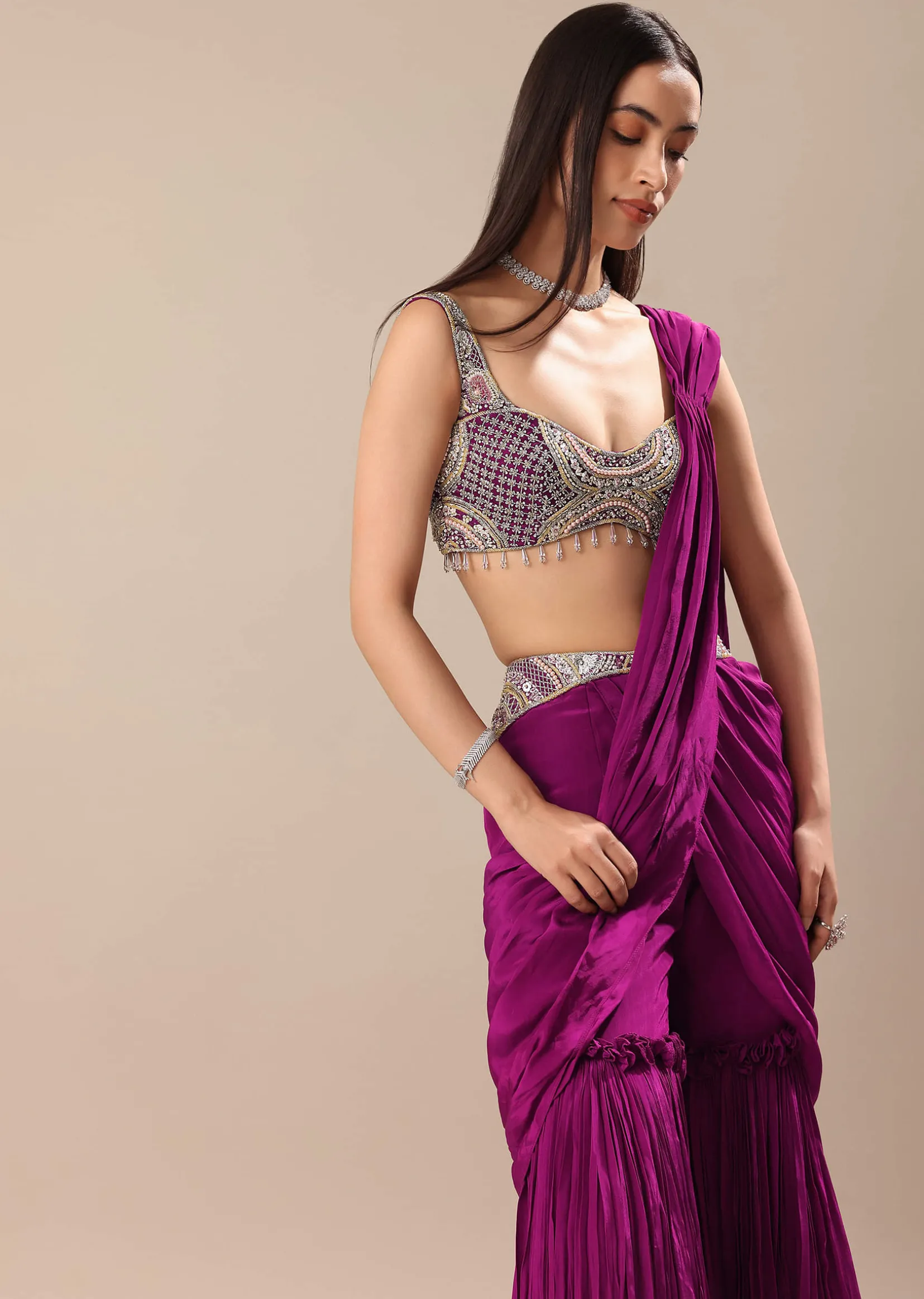Raspberry Frill Saree With Embroidered Blouse