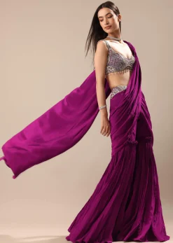 Raspberry Frill Saree With Embroidered Blouse
