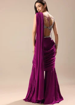 Raspberry Frill Saree With Embroidered Blouse