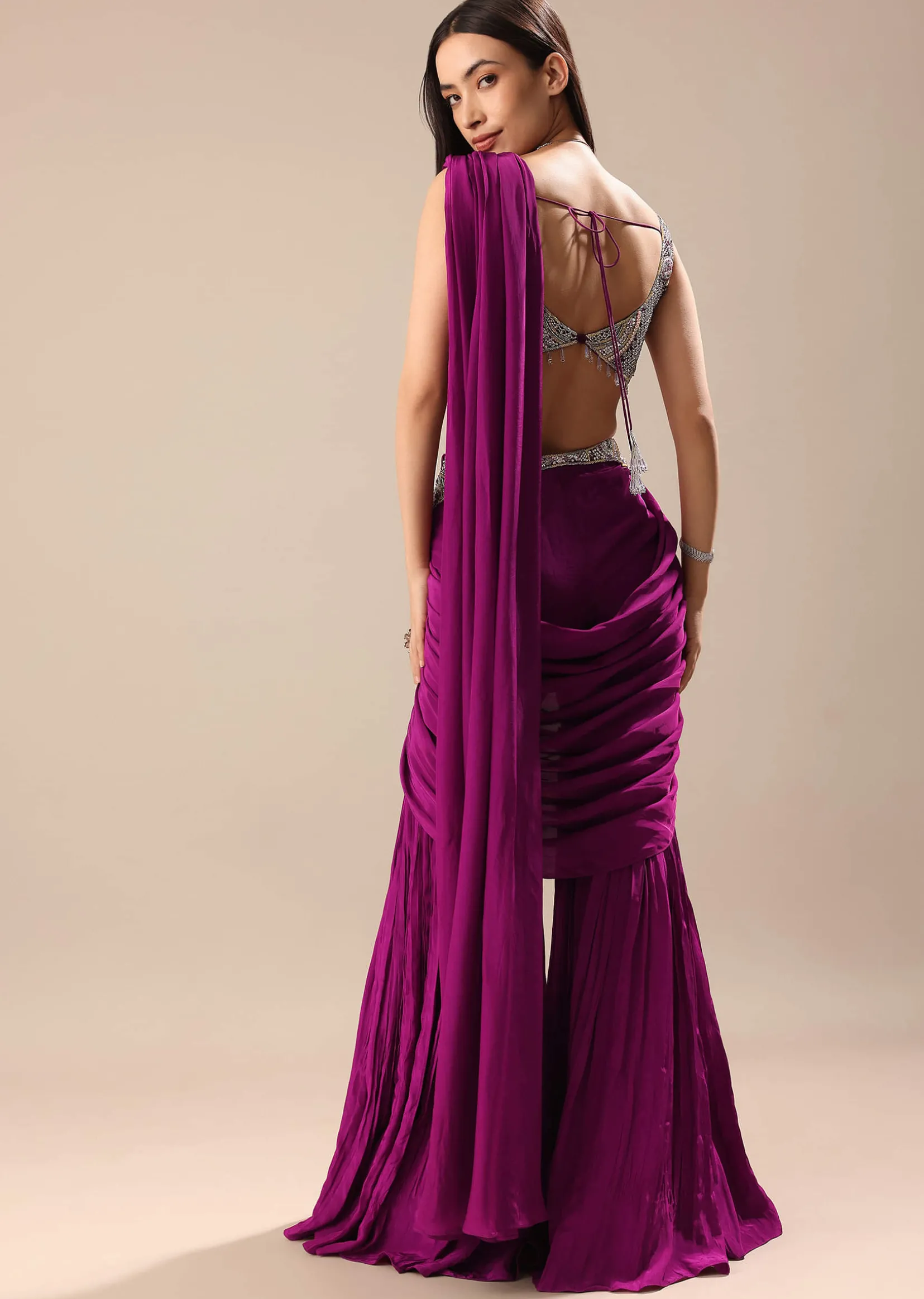 Raspberry Frill Saree With Embroidered Blouse