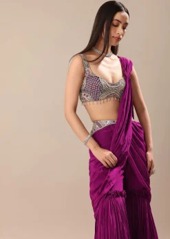 Raspberry Frill Saree With Embroidered Blouse