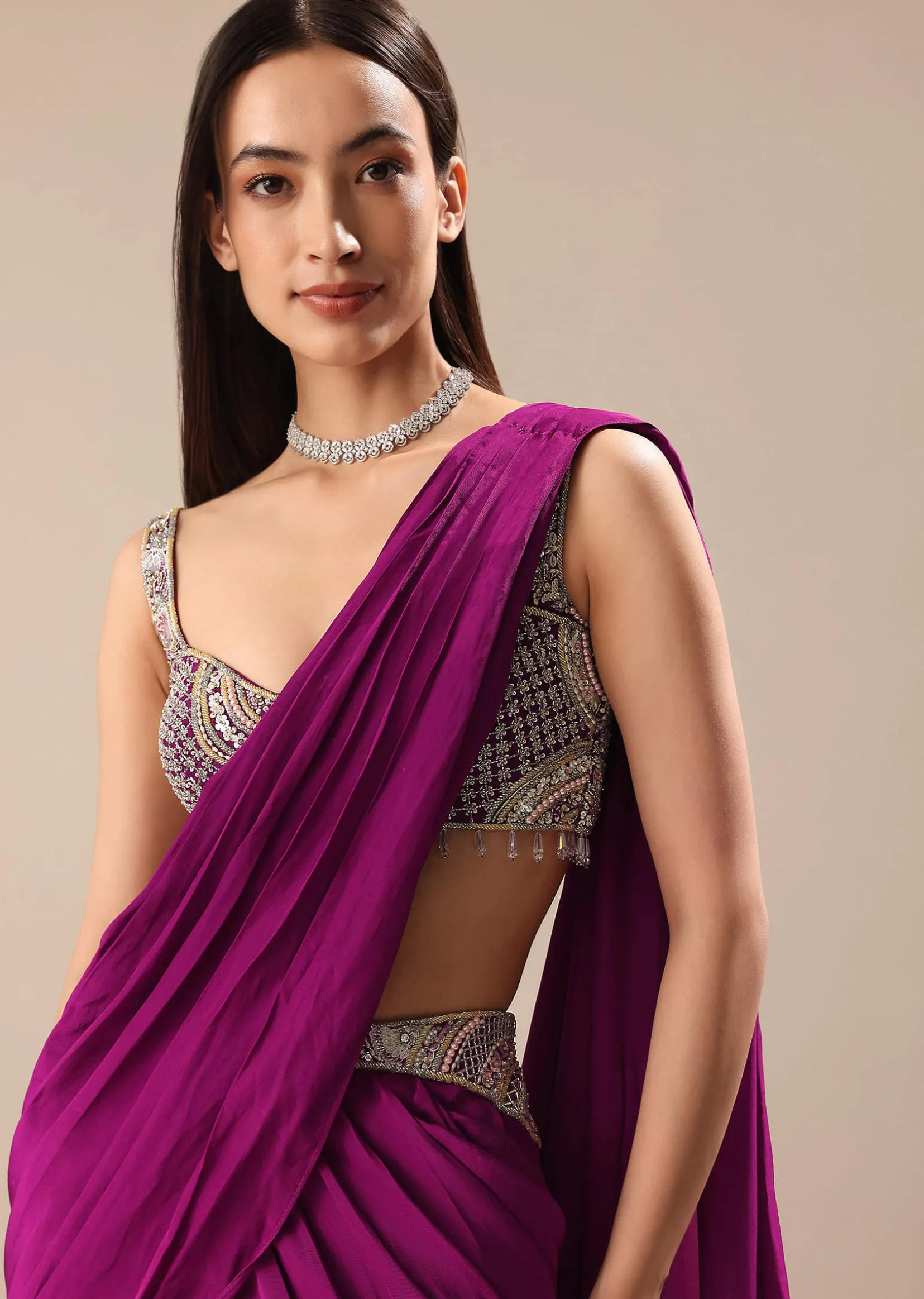 Raspberry Frill Saree With Embroidered Blouse