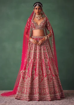 Raw Silk Red Bridal Lehenga With Scallop Dupatta