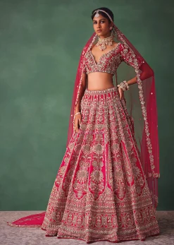 Raw Silk Red Bridal Lehenga With Scallop Dupatta