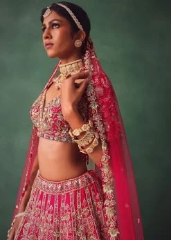 Raw Silk Red Bridal Lehenga With Scallop Dupatta