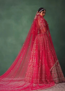Raw Silk Red Bridal Lehenga With Scallop Dupatta
