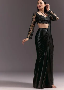 Ready Pleated Saree With V Neck Blouse And Cutdana Work