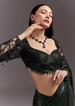 Ready Pleated Saree With V Neck Blouse And Cutdana Work
