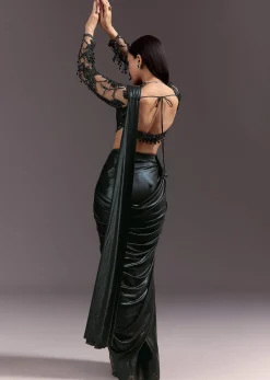 Ready Pleated Saree With V Neck Blouse And Cutdana Work