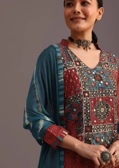Red Ajrakh Printed Kurta Set With Leheriya Dupatta