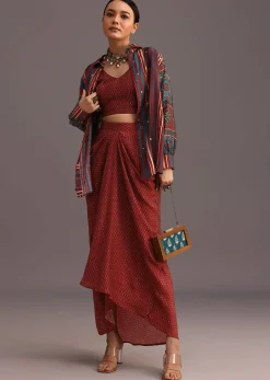 Red Ajrakh Printed Shirt And Croptop With Draped Skirt