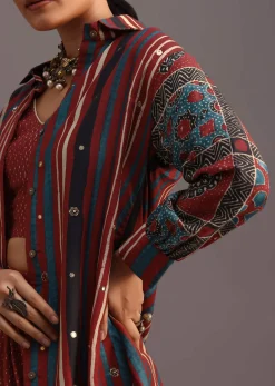 Red Ajrakh Printed Shirt And Croptop With Draped Skirt