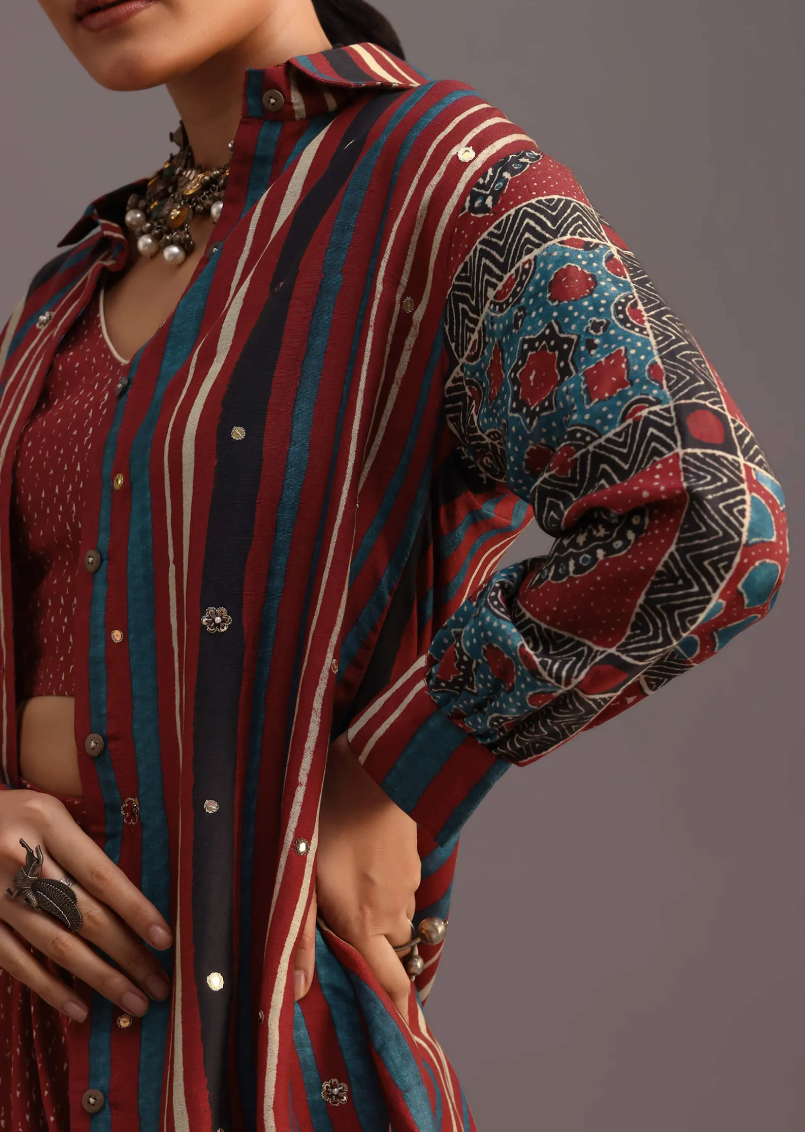 Red Ajrakh Printed Shirt And Croptop With Draped Skirt