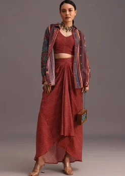 Red Ajrakh Printed Shirt And Croptop With Draped Skirt
