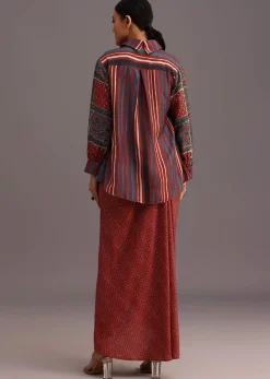 Red Ajrakh Printed Shirt And Croptop With Draped Skirt