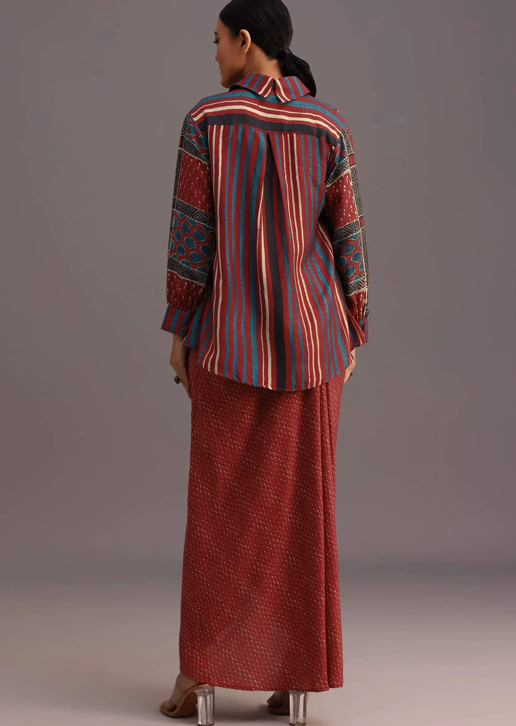 Red Ajrakh Printed Shirt And Croptop With Draped Skirt
