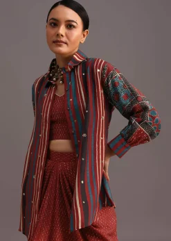 Red Ajrakh Printed Shirt And Croptop With Draped Skirt