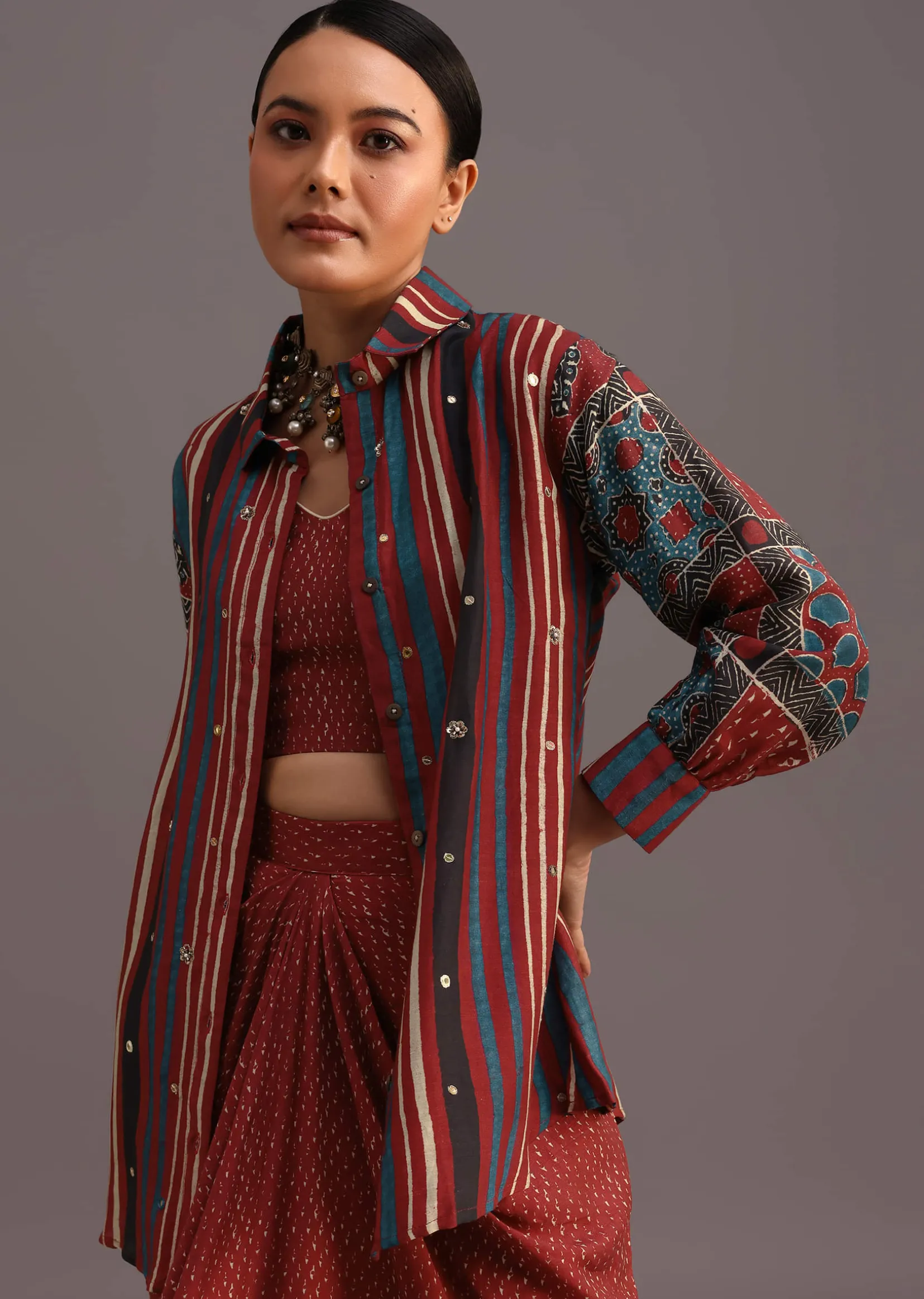 Red Ajrakh Printed Shirt And Croptop With Draped Skirt