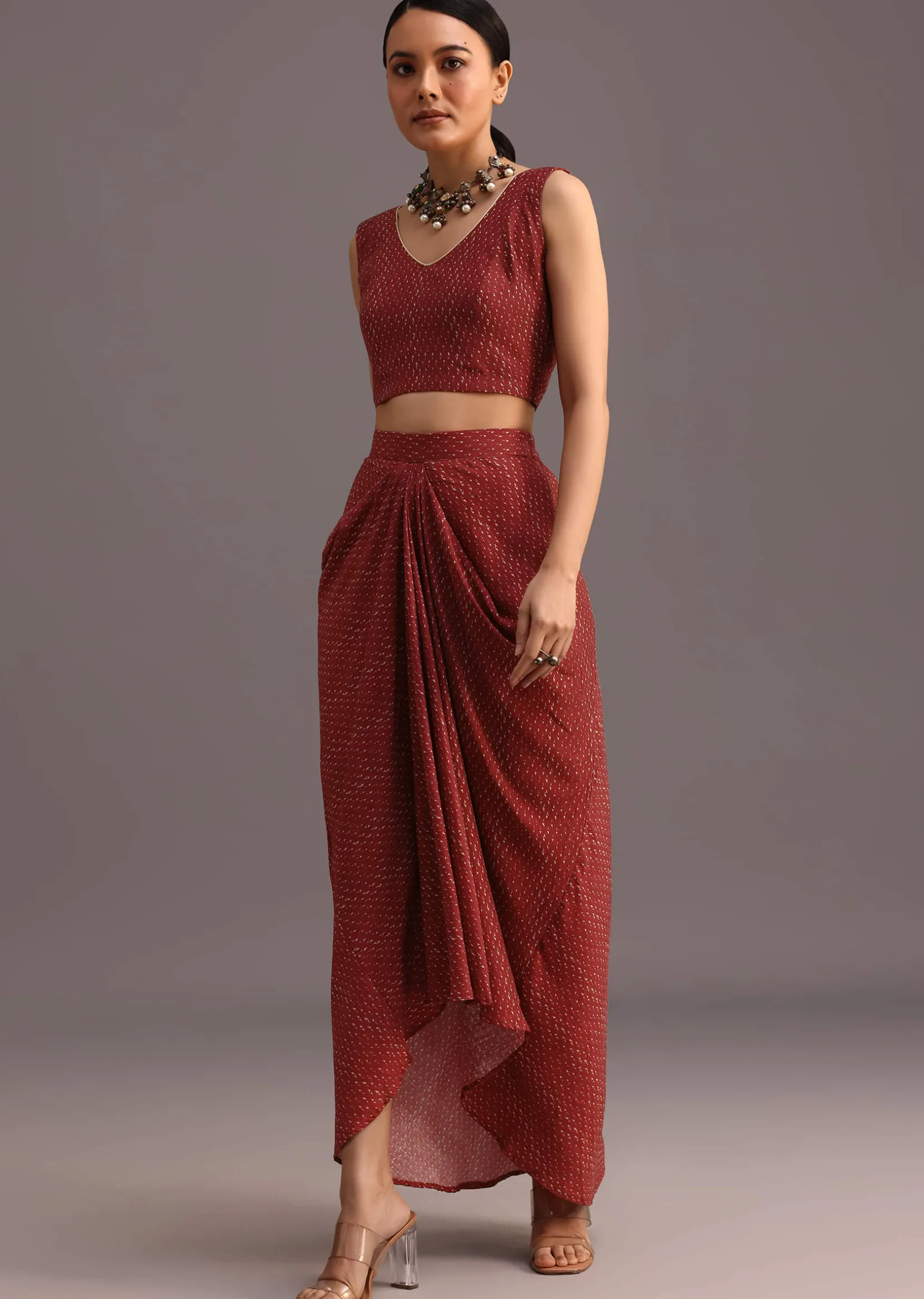 Red Ajrakh Printed Shirt And Croptop With Draped Skirt