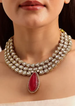 Red And Gold Mix Metal Kundan Victorian Necklace Set