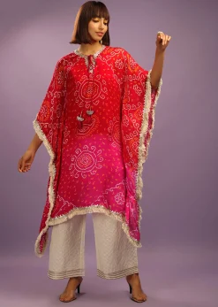 Red And Pink Shaded Kaftan Suit In Georgette With Real Bandhani And Gotta Patti Work