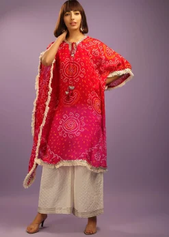 Red And Pink Shaded Kaftan Suit In Georgette With Real Bandhani And Gotta Patti Work