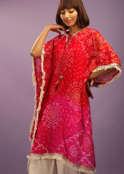 Red And Pink Shaded Kaftan Suit In Georgette With Real Bandhani And Gotta Patti Work