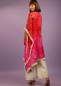 Red And Pink Shaded Kaftan Suit In Georgette With Real Bandhani And Gotta Patti Work