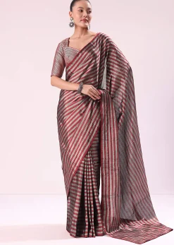 Red And Silver Striped Chanderi Tissue Saree With Pipe Finish Stitched Blouse