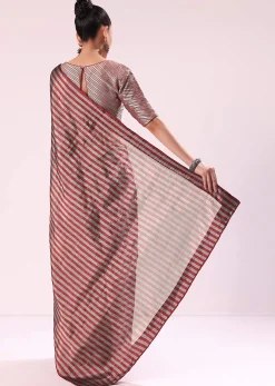 Red And Silver Striped Chanderi Tissue Saree With Pipe Finish Stitched Blouse
