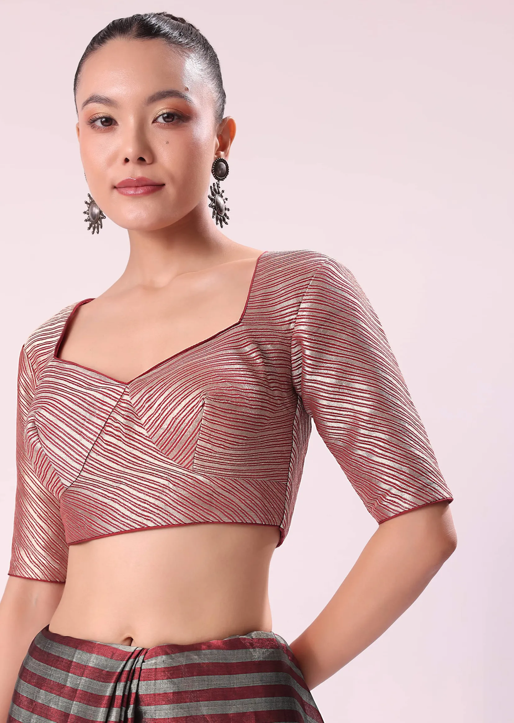Red And Silver Striped Chanderi Tissue Saree With Pipe Finish Stitched Blouse