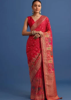 Red Banarasi Bandhani Satin Saree With Traditional Brocade Motifs On Border