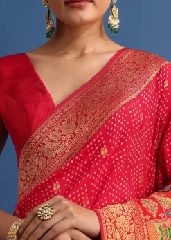 Red Banarasi Bandhani Satin Saree With Traditional Brocade Motifs On Border