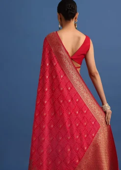 Red Banarasi Bandhani Satin Saree With Traditional Brocade Motifs On Border